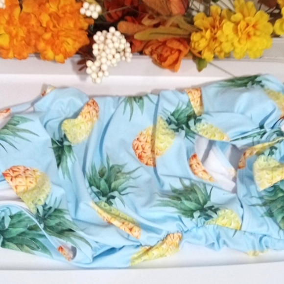 TEMPT ME YELLOW PINEAPPLE BLUE CUT-OUT HALTER MONOKINI SWIMSUIT SIZE SMALL NWT - Picture 6 of 8